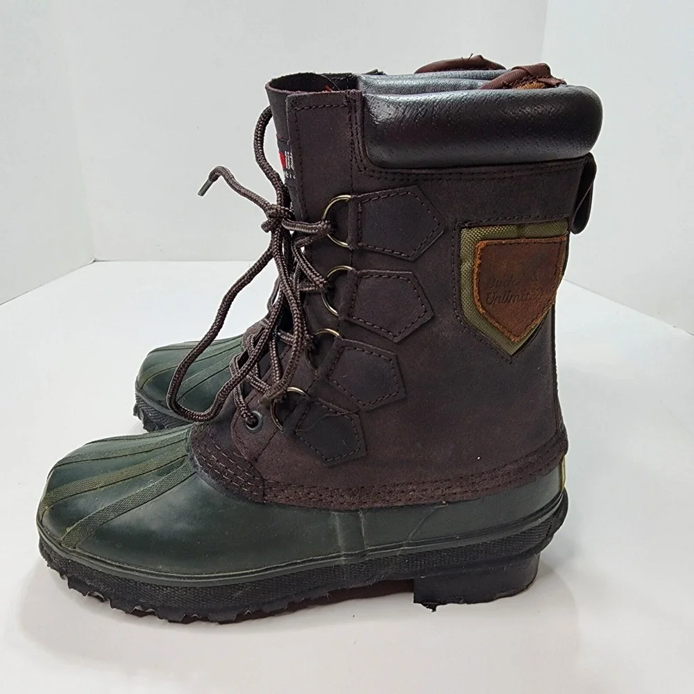 Ducks Unlimited Boots Mens 8 Black Green Leather Rubber Thermolite Steel Shank